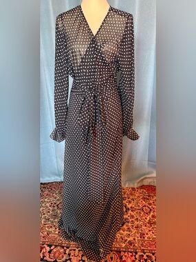 Baacal Black/White Polka Dot Wrap Maxi Dress with Tie Waist and Pearl Buttons